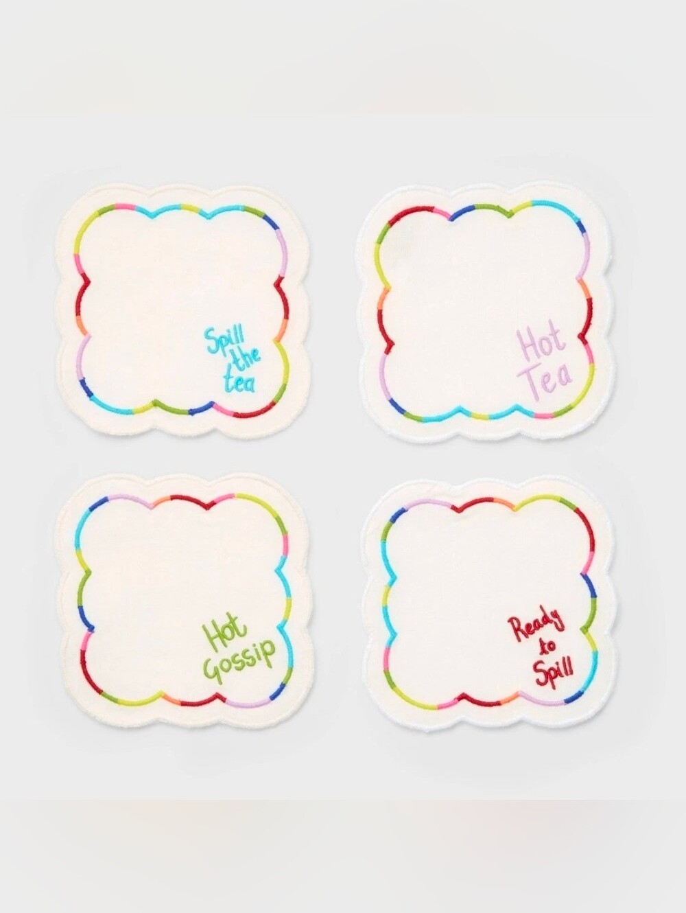 Pride Spill the Tea Embroidered Cocktail Napkins 4pc 100% Cotton ~ 4 Packs